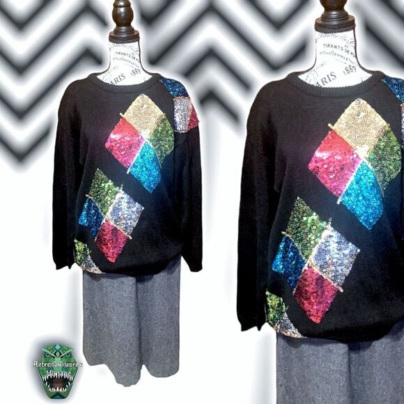 VINTAGE 1980’s Twee Oversized Colorful Party Sequin Black Pullover Sweater, Medi - Picture 1 of 6